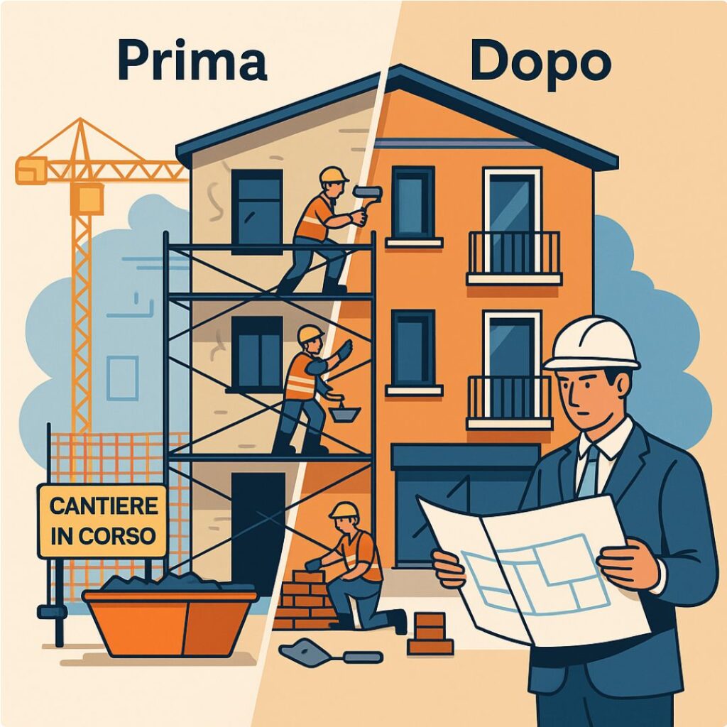 illustrazione di una casa - per metà pronta, per metà ancora in cantiere. Nel mezzo, gli operai che la stanno intonacando.